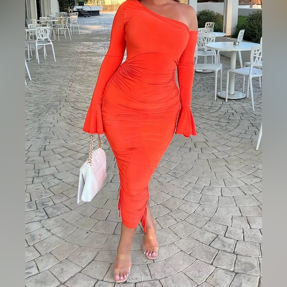 Fashion Nova Dresses & Skirts - Fashion Nova, One Shoulder Midi Dress, Neon Orange, Medium